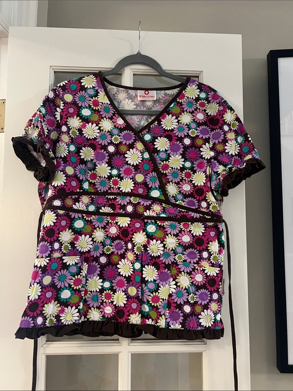 White Cross Purple Floral Wrap Scrub Top with Multicolor Daisies and Tie